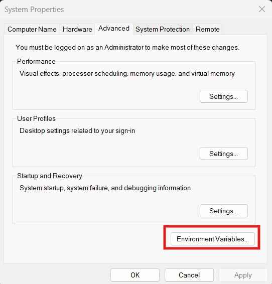 Environment Variables Button